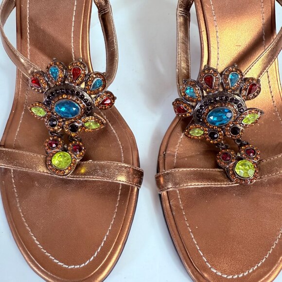 Bronze Strappy Sandals Peacock Rhinestone Accents Kitten Heels Size 8 By MixIt - Picture 12 of 14